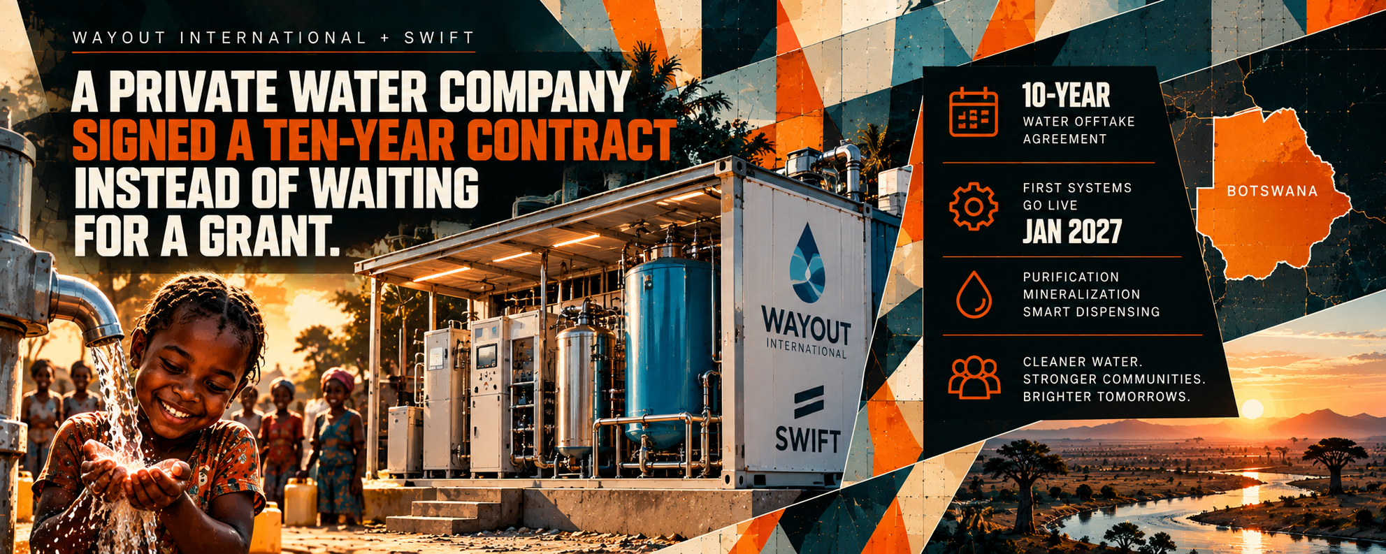 Wayout International and Swift water infrastructure graphic showing a ten-year Botswana water offtake agreement.